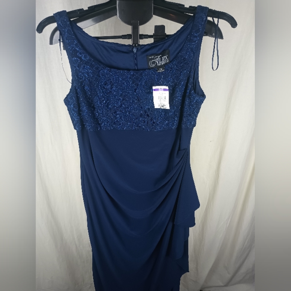 Alex Evenings Long Empire Waist Dress Scoop Neck Bodice Navy Blue Size 12P NWT - Picture 4 of 10